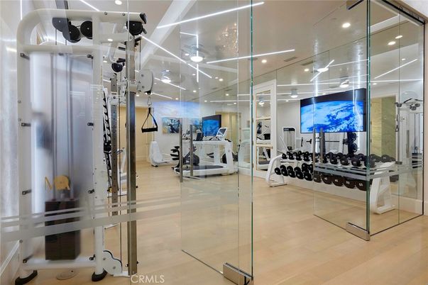 Fitness Equipment, Gym, Interior, Recessed Lighting, Wood Texture Flooring