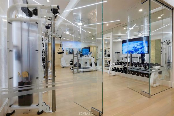 Fitness Equipment, Gym, Interior, Recessed Lighting, Wood Texture Flooring