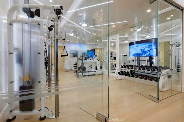 Fitness Equipment, Gym, Interior, Recessed Lighting, Wood Texture Flooring