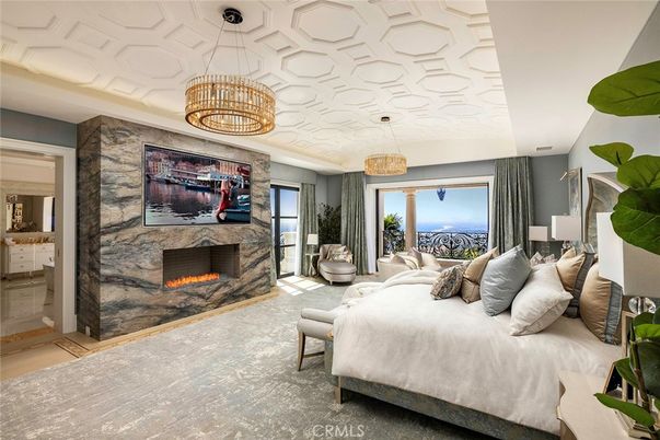 Bedroom, Fireplace, Interior, Pendant Lights, Wood Texture Flooring