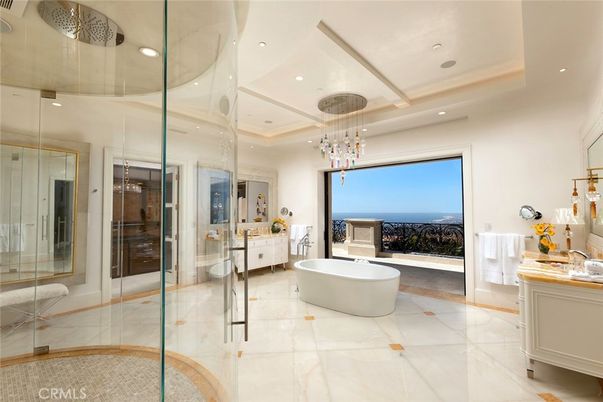 Bathroom, Free Standing Baths, Glass Shower, Interior, Marble, Pendant Lights, Recessed Lighting, Water
