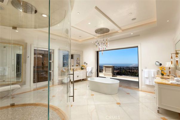 Bathroom, Free Standing Baths, Glass Shower, Interior, Marble, Pendant Lights, Recessed Lighting, Water