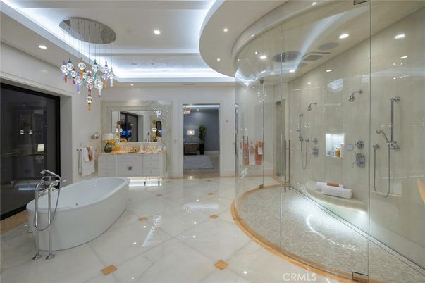 Bathroom, Free Standing Baths, Glass Shower, Interior, Marble, Pendant Lights, Recessed Lighting
