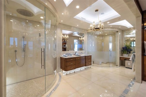 Bathroom, Chandelier, Glass Shower, Interior, Recessed Lighting