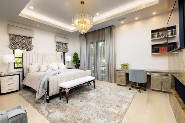Bedroom, Chandelier, Home Office, Interior, Recessed Lighting, Wood Texture Flooring