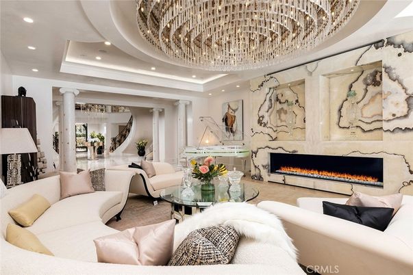 Chandelier, Fireplace, Interior, Living room, Marble Walls, Piano, Recessed Lighting