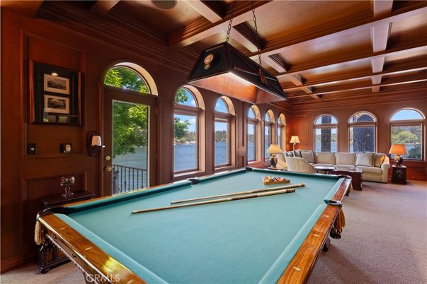 Billiard Table, Game Room, Interior, Pendant Lights, Water, Wooden Beams, Wooden Ceilings