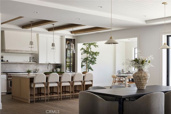 Dining room, Interior, Kitchen, Pendant Lights, Recessed Lighting, Wooden Beams, Wood Texture Flooring