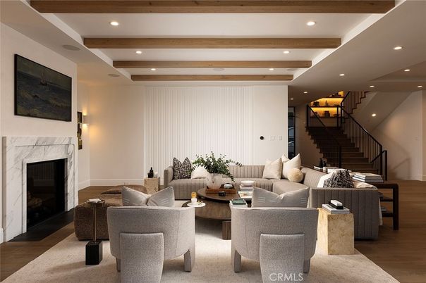 Fireplace, Interior, Living room, Recessed Lighting, Wooden Beams, Wood Texture Flooring