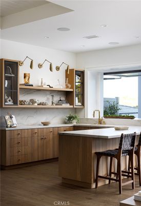 Interior, Kitchen, Marble Walls, Recessed Lighting, Water, Wood Texture Flooring