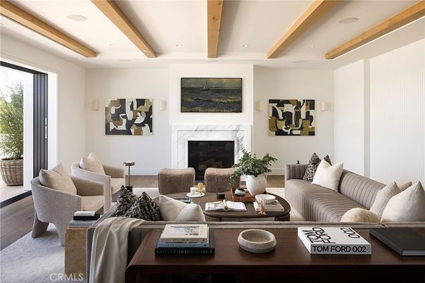 Fireplace, Interior, Living room, Recessed Lighting, Wooden Beams, Wood Texture Flooring