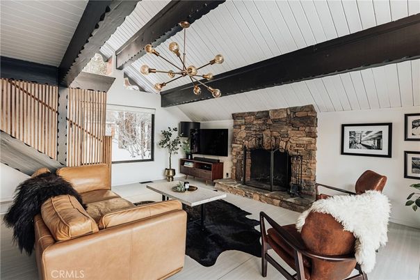 Fireplace, Interior, Living room, Pendant Lights, Stone Walls