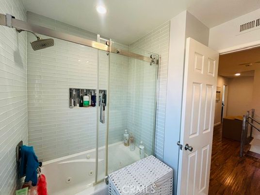 Bathroom, Glass Shower, Interior, Recessed Lighting, Wood Texture Flooring
