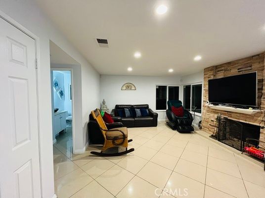 Fireplace, Interior, Living room, Recessed Lighting, Stone Walls