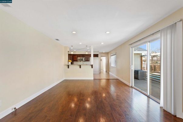 Empty room, Interior, Kitchen, Pendant Lights, Recessed Lighting, Wood Texture Flooring