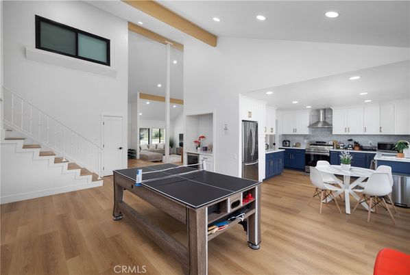 Dining room, Interior, Kitchen, Recessed Lighting, Stainless Steel Appliances, Wooden Beams, Wood Texture Flooring