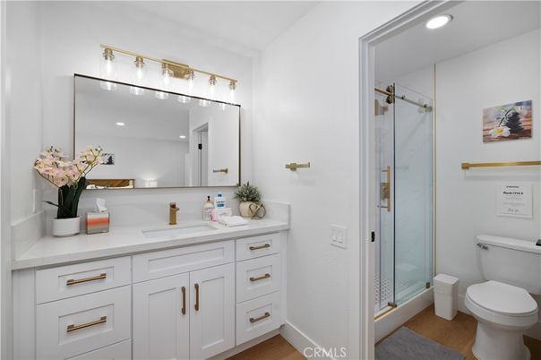 Bathroom, Glass Shower, Interior, Recessed Lighting, Wood Texture Flooring