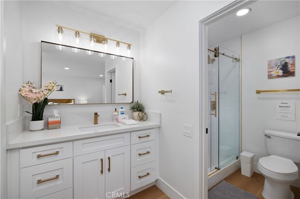 Bathroom, Glass Shower, Interior, Recessed Lighting, Wood Texture Flooring