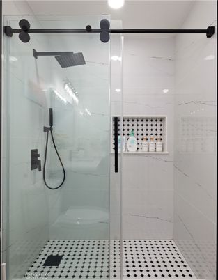 Bathroom, Glass Shower, Interior, Marble Walls, Recessed Lighting