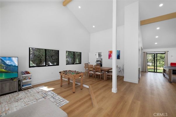 Dining room, Game Room, Interior, Recessed Lighting, Wooden Beams, Wood Texture Flooring