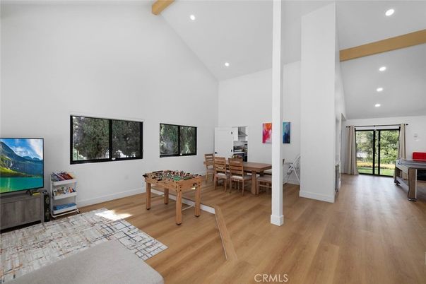 Dining room, Game Room, Interior, Recessed Lighting, Wooden Beams, Wood Texture Flooring