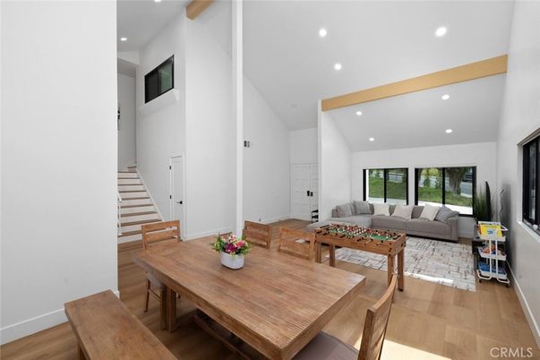Dining room, Interior, Living room, Recessed Lighting, Wooden Beams, Wood Texture Flooring