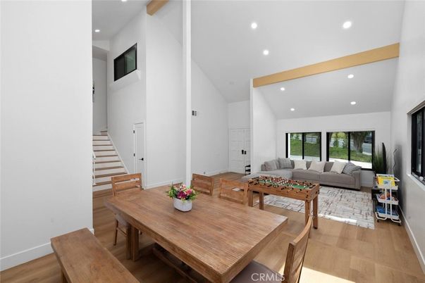 Dining room, Interior, Living room, Recessed Lighting, Wooden Beams, Wood Texture Flooring