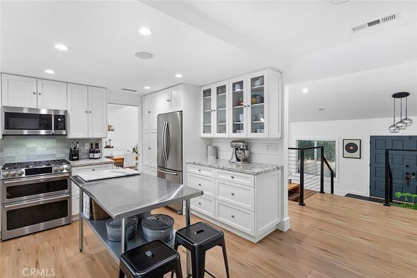Interior, Kitchen, Pendant Lights, Recessed Lighting, Stainless Steel Appliances, Wood Texture Flooring