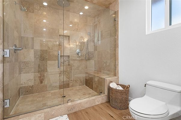 Bathroom, Glass Shower, Interior, Recessed Lighting, Wood Texture Flooring
