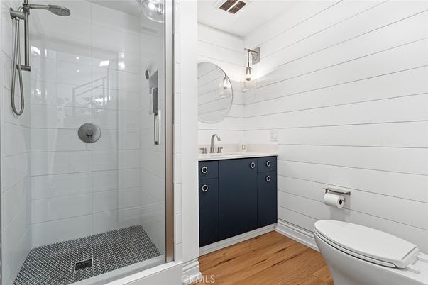 Bathroom, Glass Shower, Interior, Wood Texture Flooring