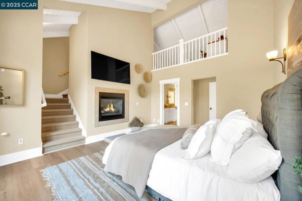 Bedroom, Fireplace, Interior, Wood Texture Flooring