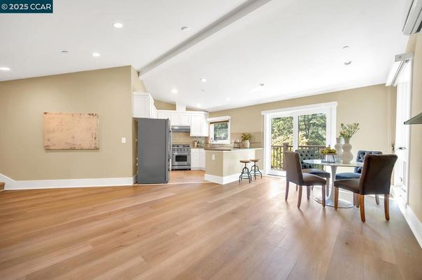 Dining room, Interior, Kitchen, Recessed Lighting, Stainless Steel Appliances, Wood Texture Flooring