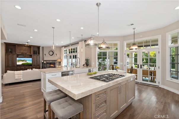 Fireplace, Interior, Kitchen, Living room, Pendant Lights, Recessed Lighting, Wood Texture Flooring
