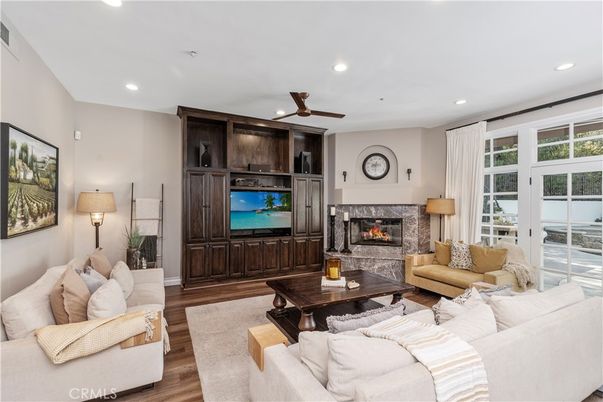 Fireplace, Interior, Living room, Recessed Lighting, Wood Texture Flooring