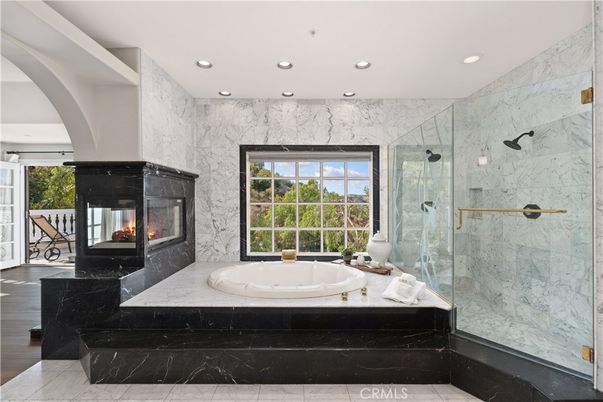 Bathroom, Fireplace, Glass Shower, Interior, Marble, Marble Walls, Recessed Lighting