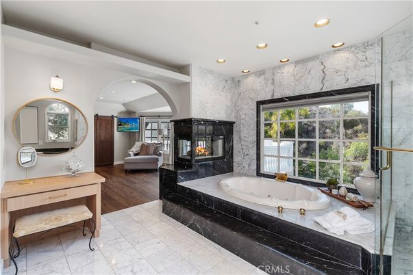 Bathroom, Fireplace, Interior, Marble, Marble Walls, Recessed Lighting, Wood Texture Flooring