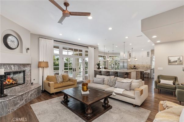 Fireplace, Interior, Kitchen, Living room, Pendant Lights, Recessed Lighting, Wood Texture Flooring