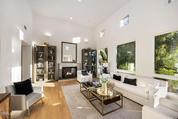 Fireplace, Interior, Living room, Recessed Lighting, Wood Texture Flooring
