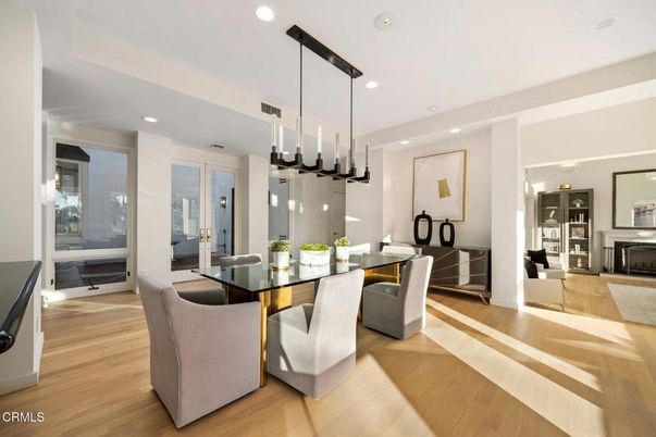 Dining room, Fireplace, Interior, Pendant Lights, Recessed Lighting, Wood Texture Flooring