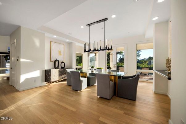 Dining room, Interior, Pendant Lights, Recessed Lighting, Wood Texture Flooring
