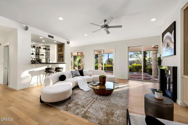 Fireplace, Interior, Living room, Recessed Lighting, Wood Texture Flooring