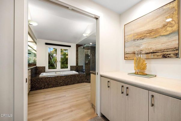 Bathroom, Glass Shower, Interior, Wood Texture Flooring