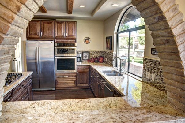 Interior, Kitchen, Recessed Lighting, Stainless Steel Appliances, Wooden Beams, Wood Texture Flooring