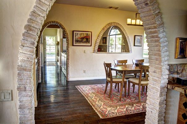 Chandelier, Dining room, Interior, Stone Walls, Wood Texture Flooring