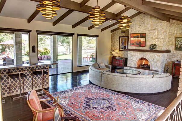 Fireplace, Interior, Living room, Pendant Lights, Stone Walls, Wooden Beams, Wood Texture Flooring