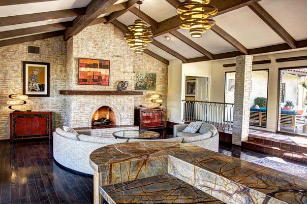 Fireplace, Interior, Living room, Pendant Lights, Stone Walls, Wooden Beams, Wood Texture Flooring