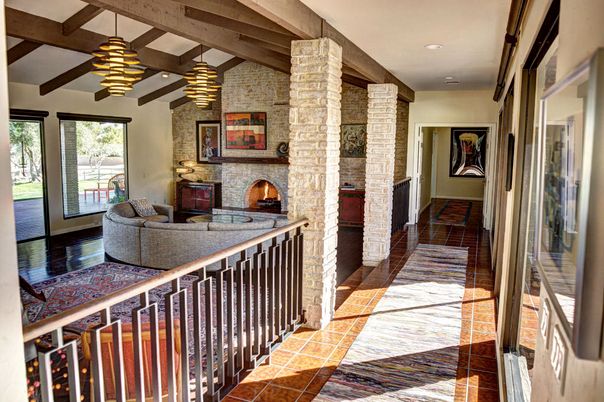 Fireplace, Interior, Pendant Lights, Recessed Lighting, Stone Walls, Wooden Beams