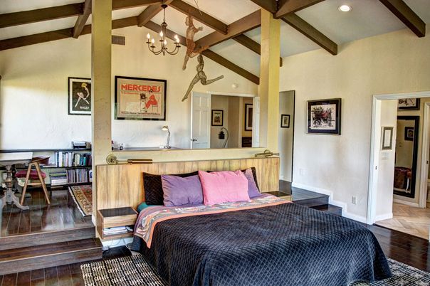 Bedroom, Chandelier, Interior, Recessed Lighting, Wooden Beams, Wood Texture Flooring