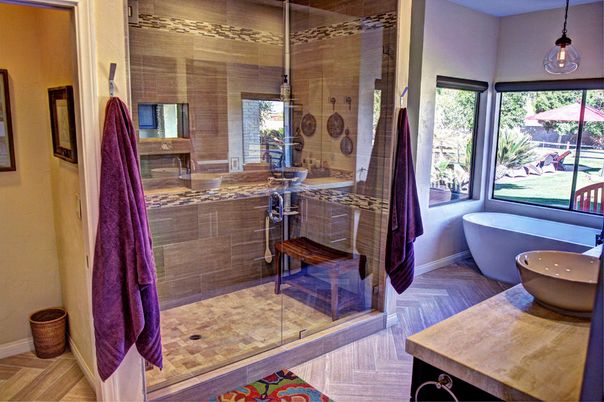 Bathroom, Free Standing Baths, Glass Shower, Interior, Pendant Lights, Wood Texture Flooring