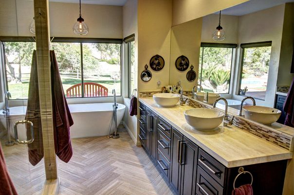 Bathroom, Dual Sink Vanities, Free Standing Baths, Glass Shower, Interior, Pendant Lights, Wood Texture Flooring